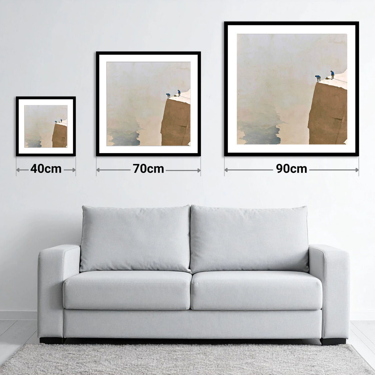 Climbers on a High Snowy Ledge - size guide showing 40cm, 70cm and 90cm art prints