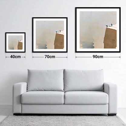Climbers on a High Snowy Ledge - size guide showing 40cm, 70cm and 90cm art prints