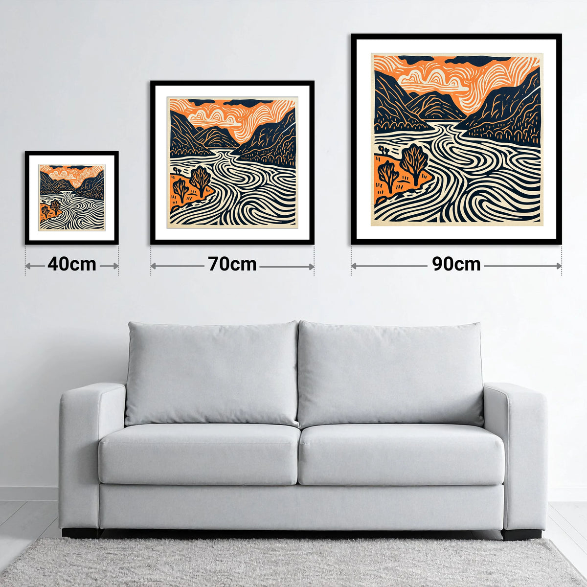 Ullswater in Terracotta and Navy - size guide showing 40cm, 70cm and 90cm art prints