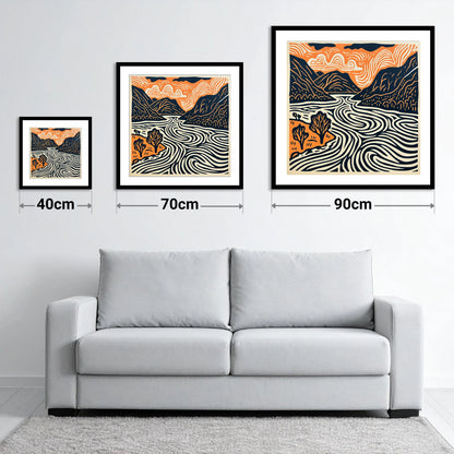 Ullswater in Terracotta and Navy - size guide showing 40cm, 70cm and 90cm art prints