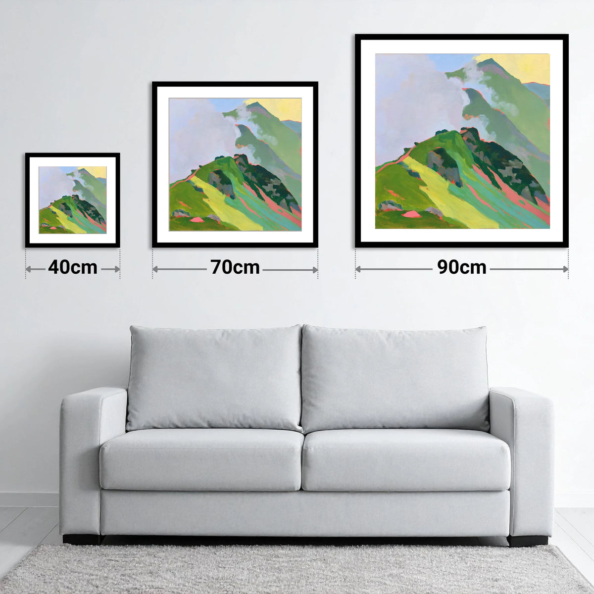 Vibrant Mountain Ridge in Mist - size guide showing 40cm, 70cm and 90cm art prints
