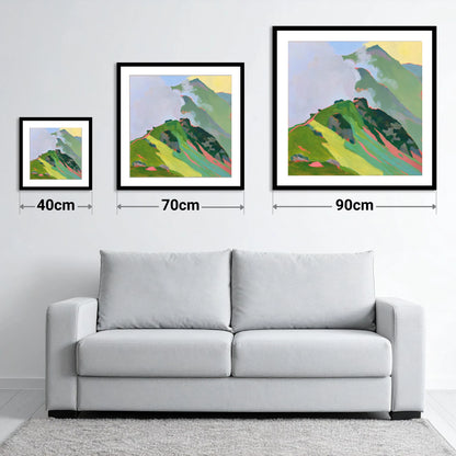 Vibrant Mountain Ridge in Mist - size guide showing 40cm, 70cm and 90cm art prints