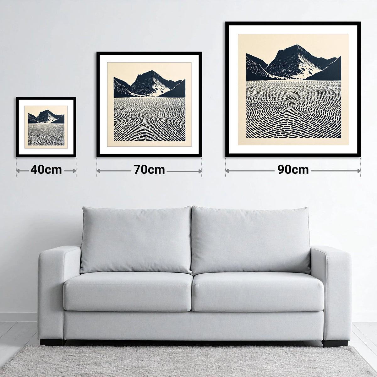 Swirling Water at Buttermere - size guide showing 40cm, 70cm and 90cm art prints