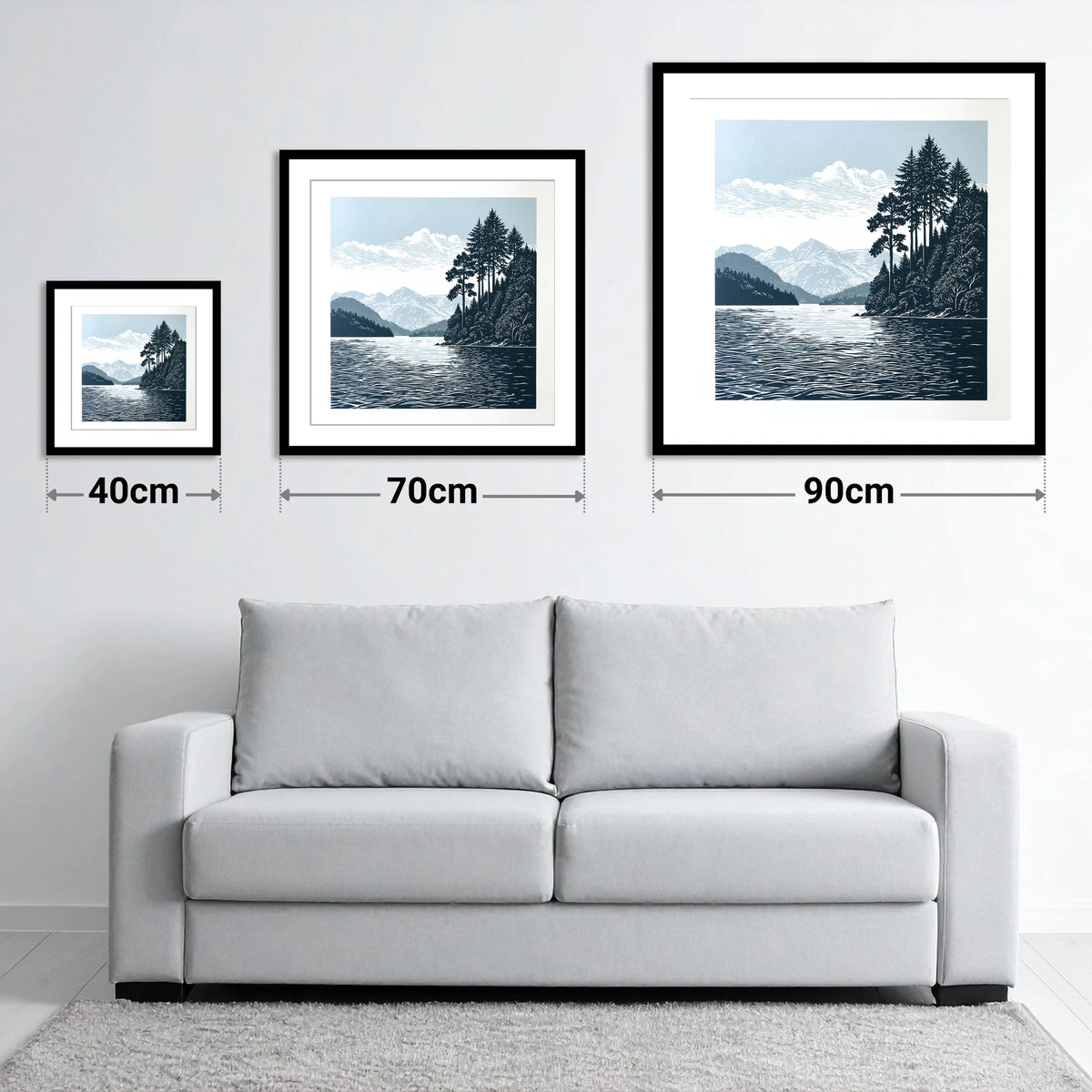 Windermere Shoreline in Deep Navy - size guide showing 40cm, 70cm and 90cm art prints