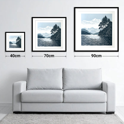 Windermere Shoreline in Deep Navy - size guide showing 40cm, 70cm and 90cm art prints