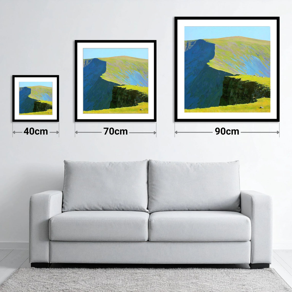 Sunlit Ridge at Rampsgill Head - size guide showing 40cm, 70cm and 90cm art prints