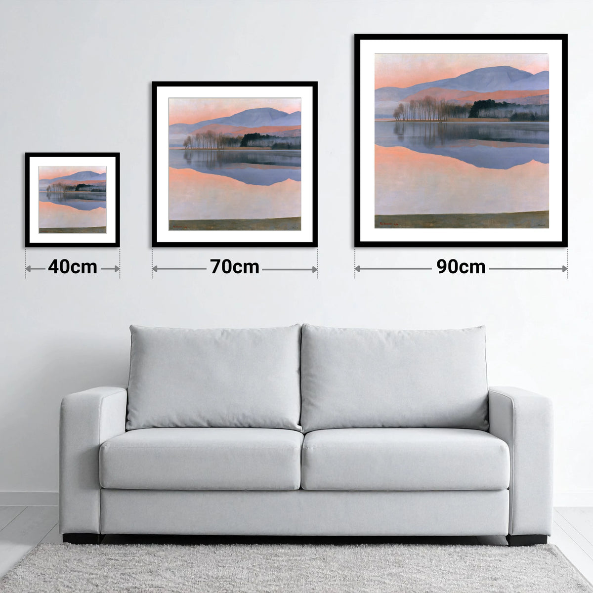 Pastel Dawn Lake Reflection - size guide showing 40cm, 70cm and 90cm art prints