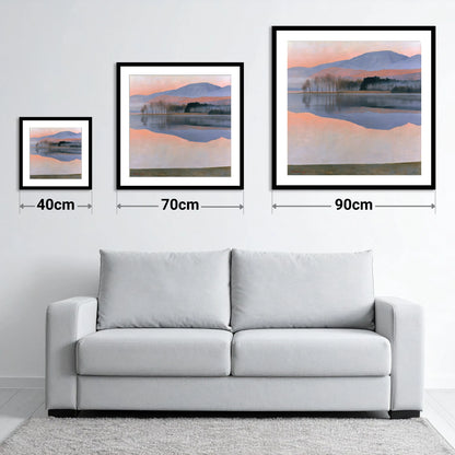 Pastel Dawn Lake Reflection - size guide showing 40cm, 70cm and 90cm art prints