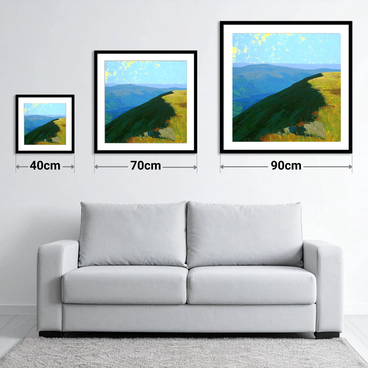 Sunlit Ridge on Sour Howes - size guide showing 40cm, 70cm and 90cm art prints