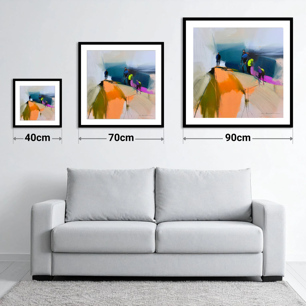 Vibrant Hikers on a Fell Top - size guide showing 40cm, 70cm and 90cm art prints