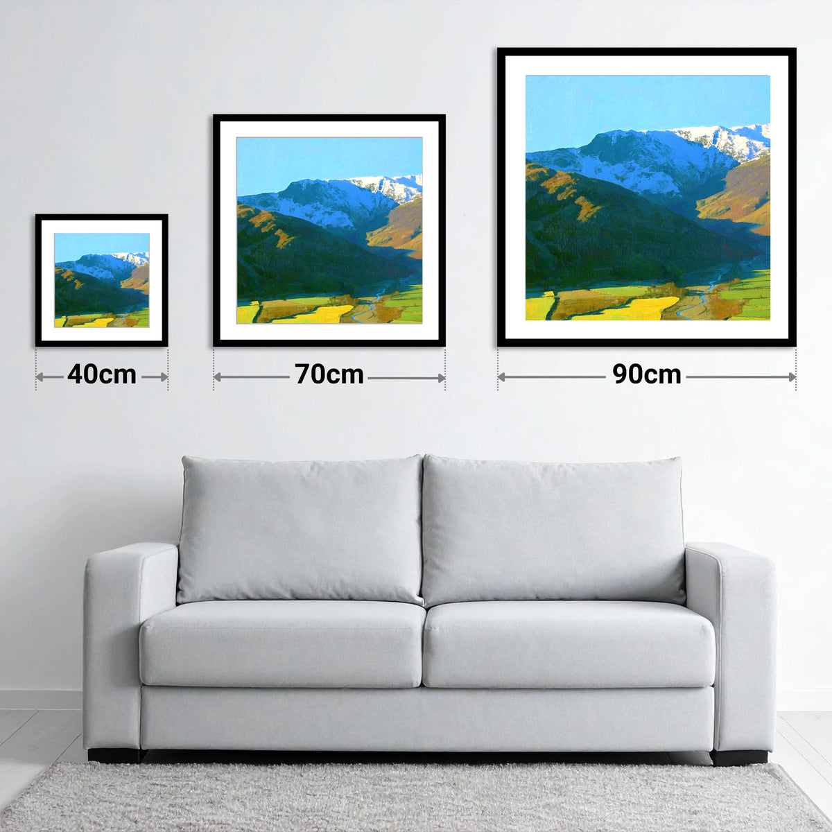 Snowy Glaramara Over Winding River - size guide showing 40cm, 70cm and 90cm art prints
