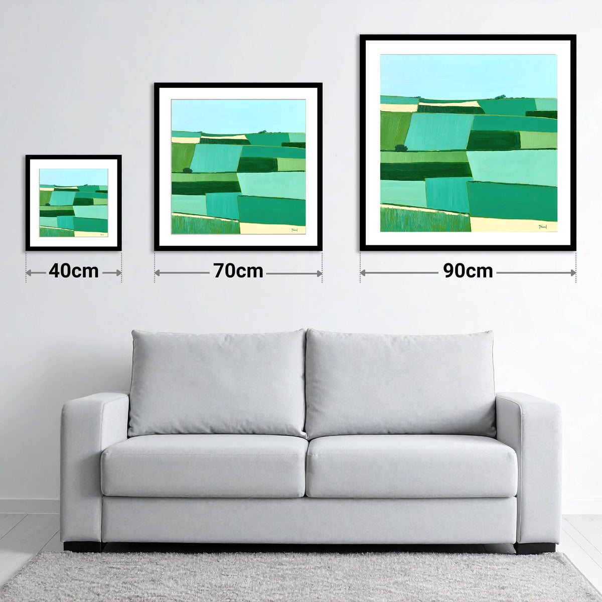 Green Patchwork Dale Fields - size guide showing 40cm, 70cm and 90cm art prints