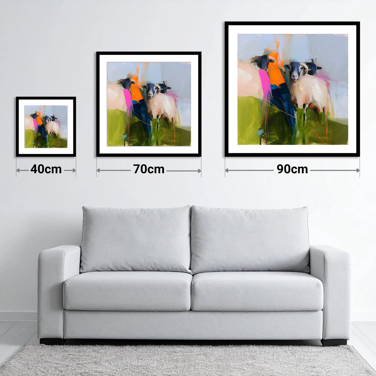 Abstract Herdwick Sheep on Fellside - size guide showing 40cm, 70cm and 90cm art prints