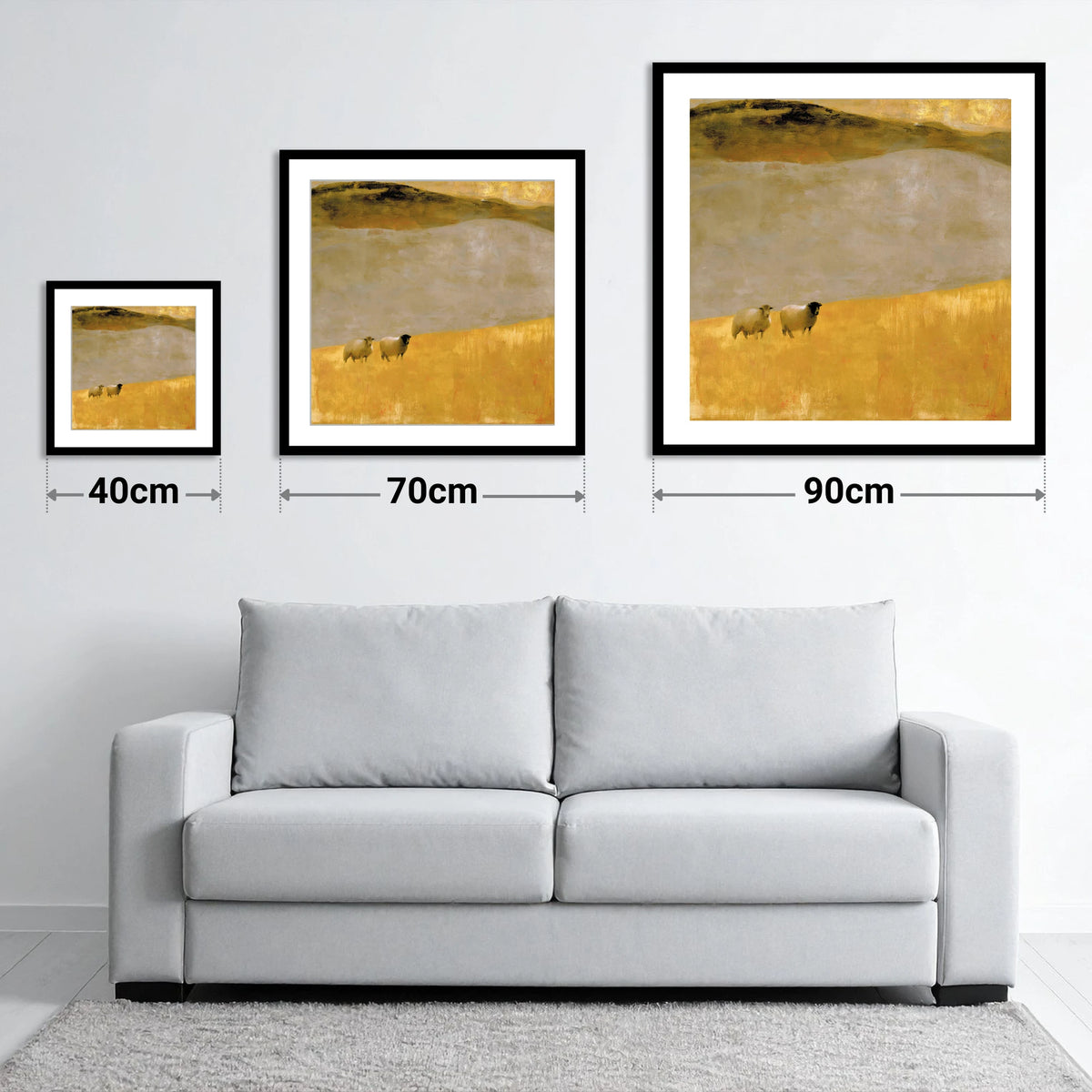 Herdwick Sheep in Autumn Light - size guide showing 40cm, 70cm and 90cm art prints