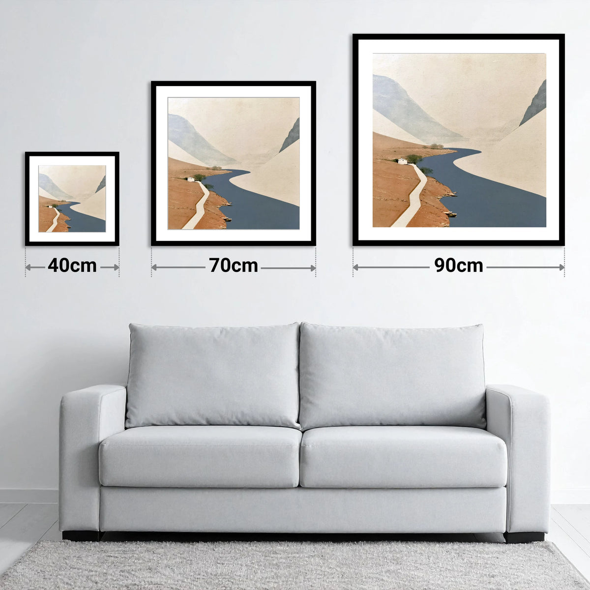 Winding Blue Lake and White Cottage - size guide showing 40cm, 70cm and 90cm art prints