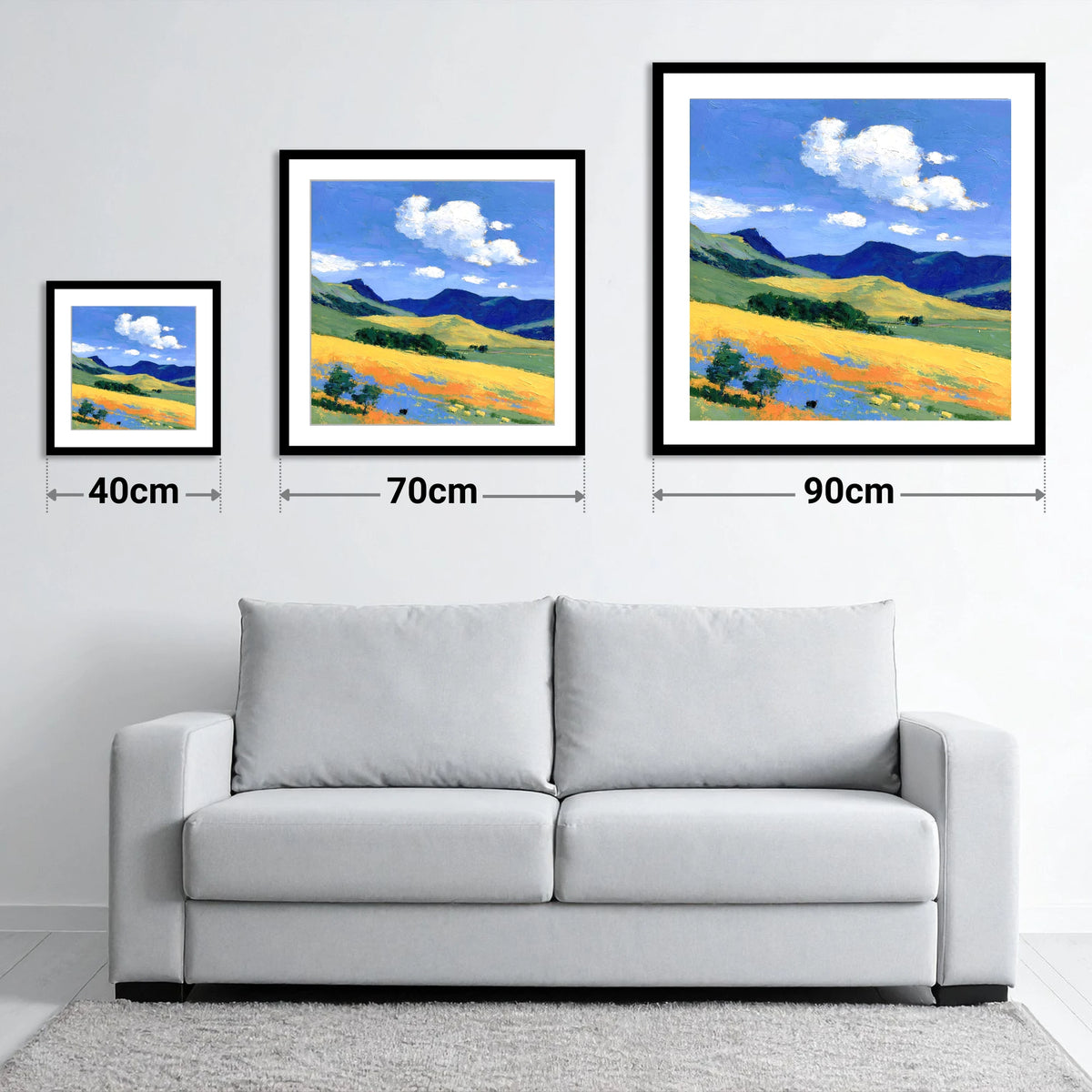 Golden Fells Beneath Summer Clouds - size guide showing 40cm, 70cm and 90cm art prints