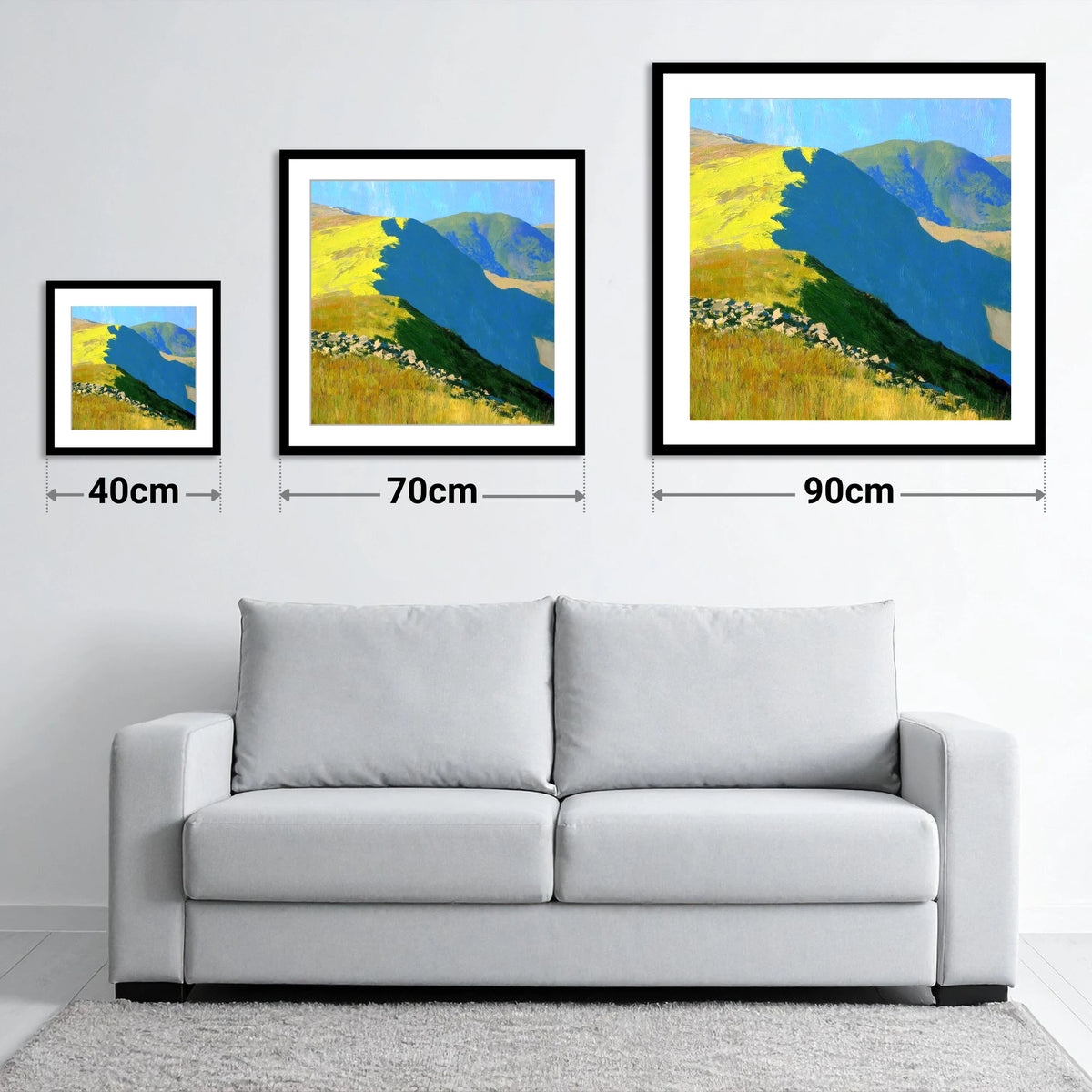 Vibrant Sunlight on Yoke Ridge - size guide showing 40cm, 70cm and 90cm art prints