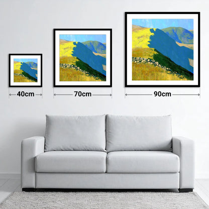 Vibrant Sunlight on Yoke Ridge - size guide showing 40cm, 70cm and 90cm art prints