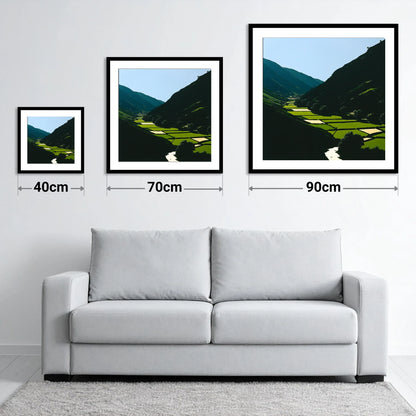 Sunlit Patchwork in the Dale - size guide showing 40cm, 70cm and 90cm art prints