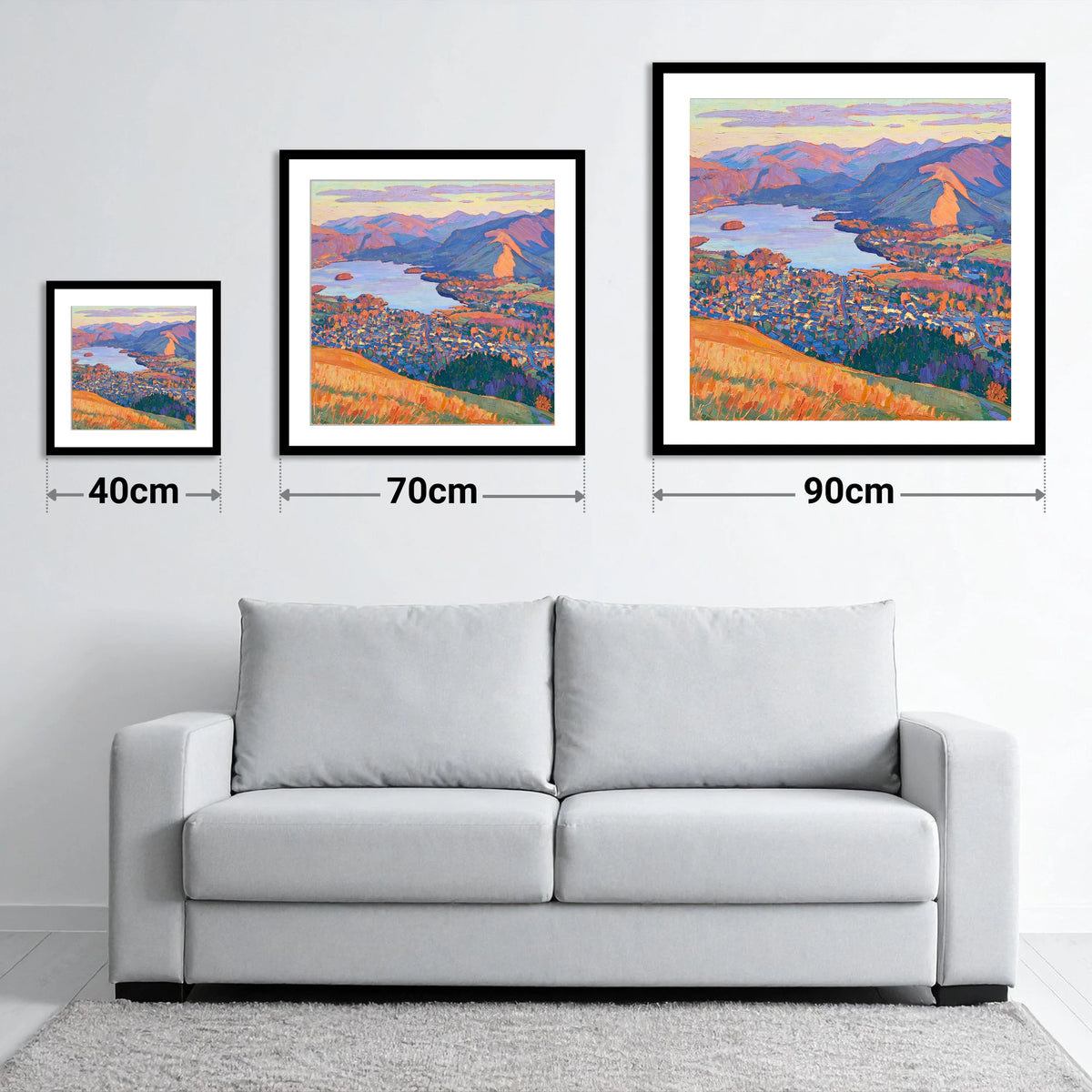 Vibrant Keswick and Derwentwater - size guide showing 40cm, 70cm and 90cm art prints