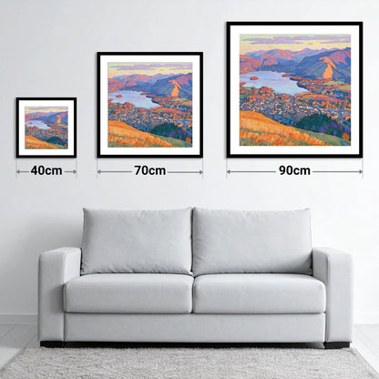 Vibrant Keswick and Derwentwater - size guide showing 40cm, 70cm and 90cm art prints