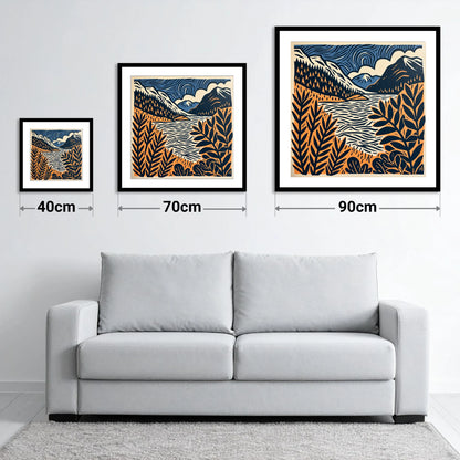 Navy and Terracotta Lake Dawn - size guide showing 40cm, 70cm and 90cm art prints