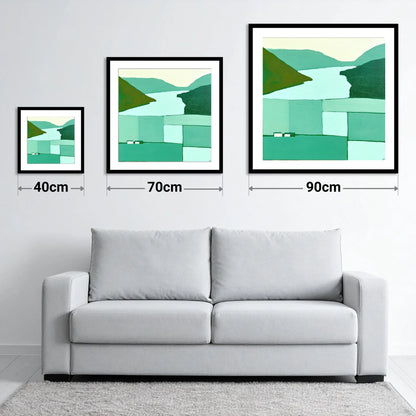 Abstract Loweswater In Mint Green - size guide showing 40cm, 70cm and 90cm art prints