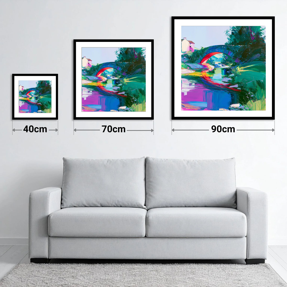Vivid Stone Bridge Over Beck - size guide showing 40cm, 70cm and 90cm art prints
