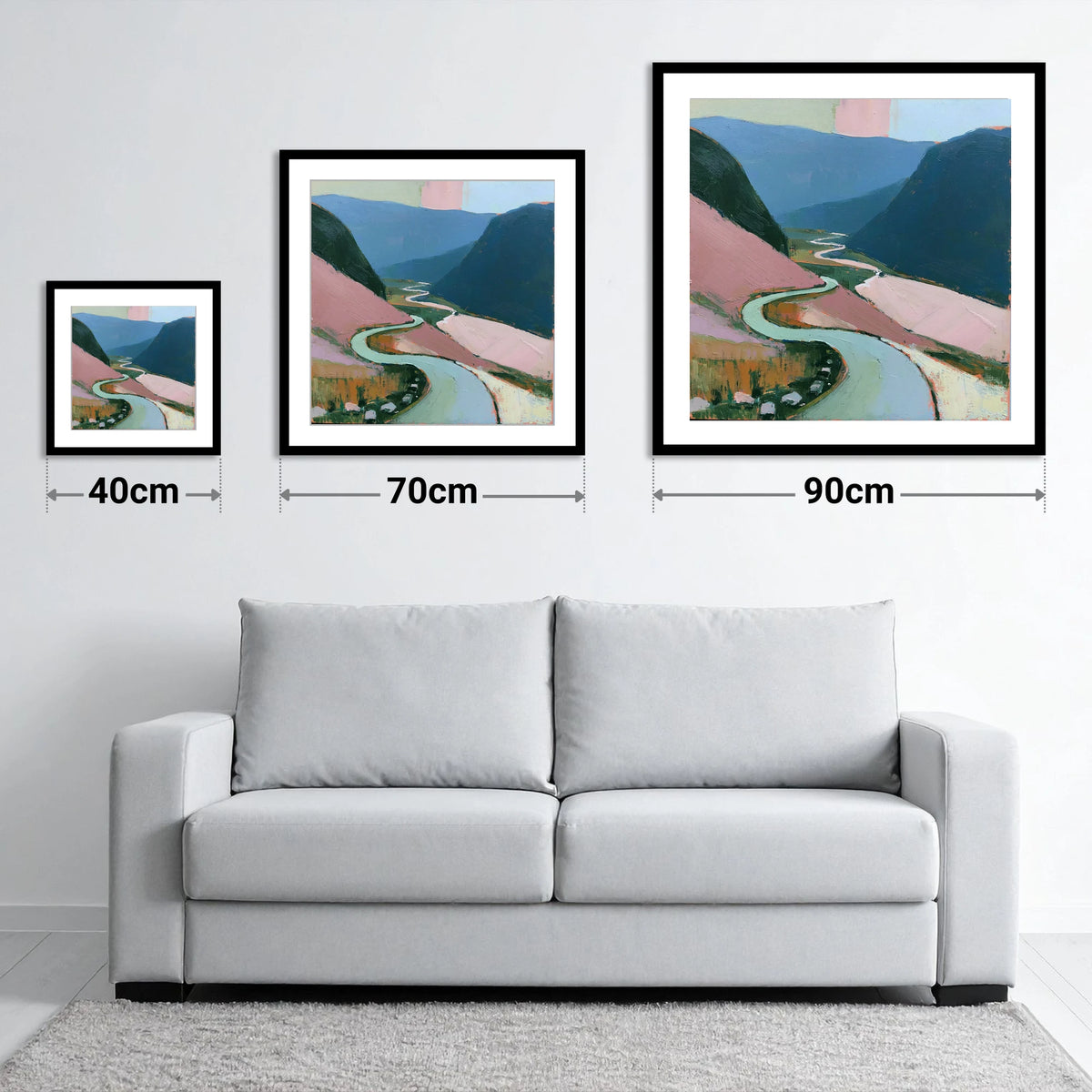Mountain Pass in Blush and Teal - size guide showing 40cm, 70cm and 90cm art prints