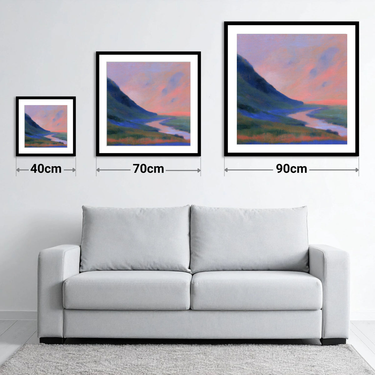 Winding River at Twilight - size guide showing 40cm, 70cm and 90cm art prints