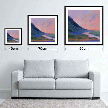 Winding River at Twilight - size guide showing 40cm, 70cm and 90cm art prints