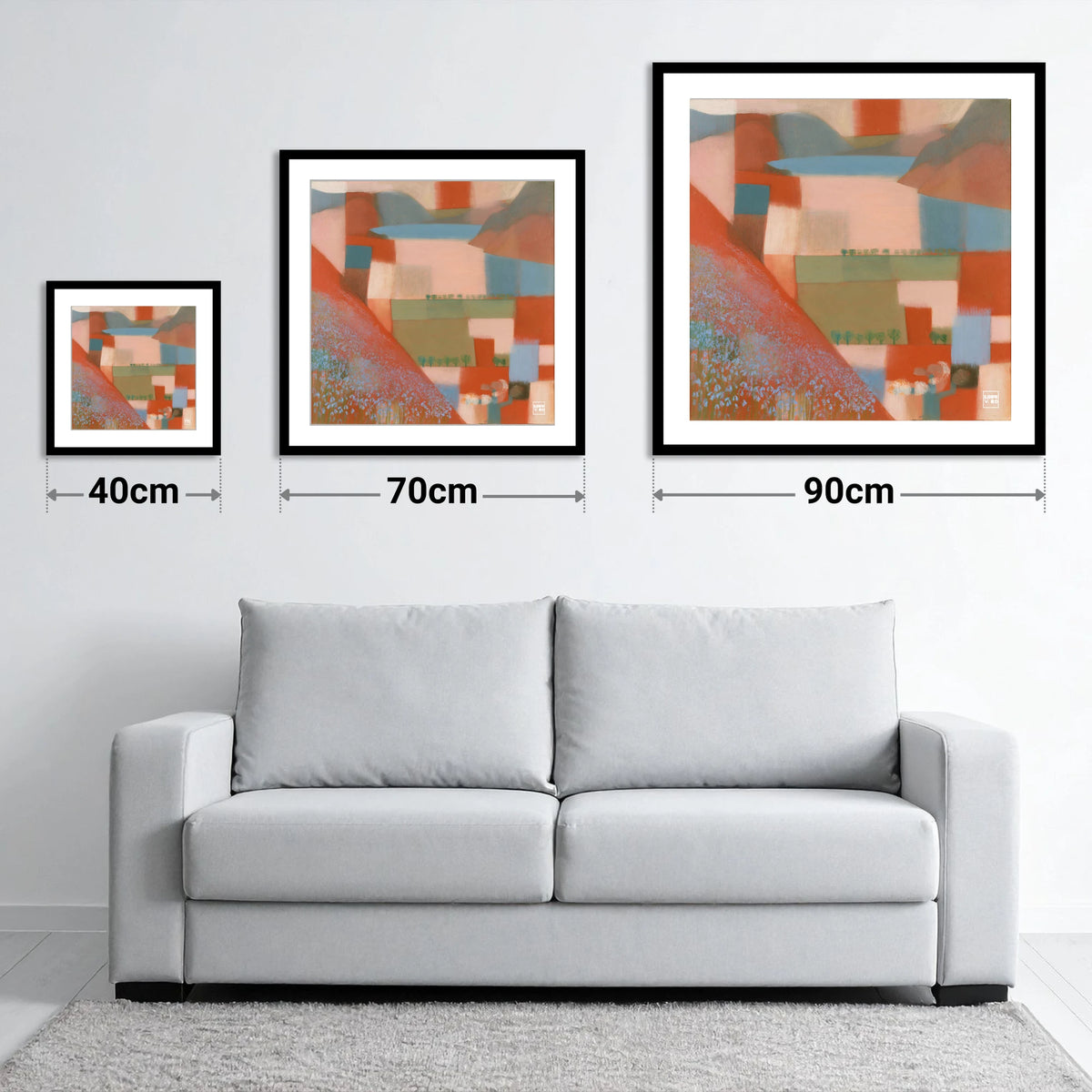 Rannerdale Blooms Above Crummock Water - size guide showing 40cm, 70cm and 90cm art prints