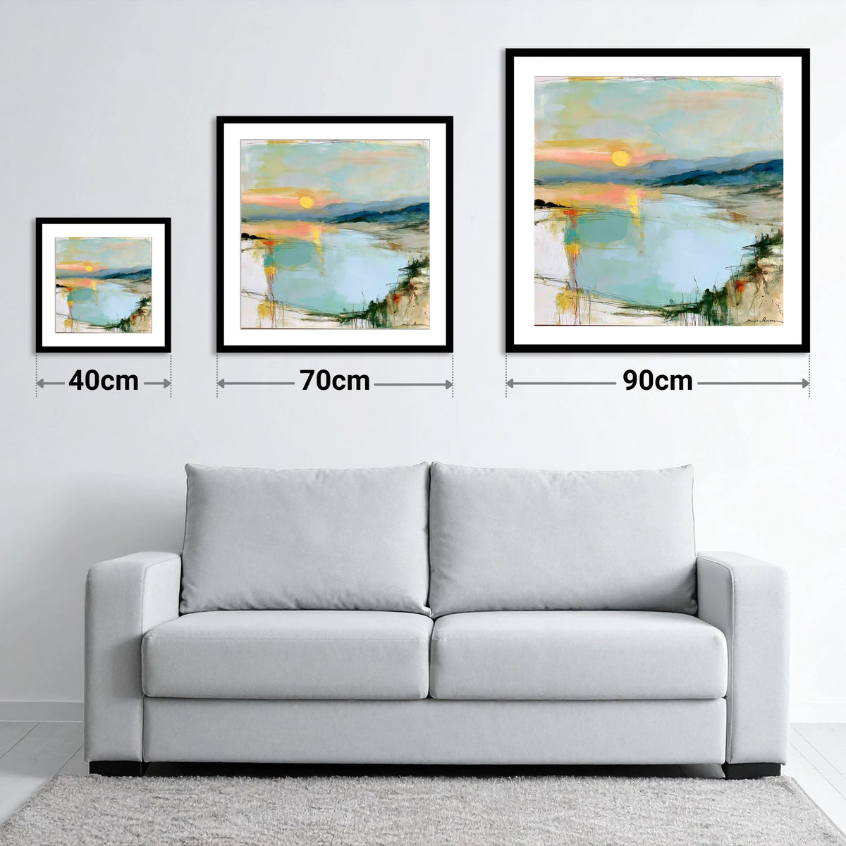 Lake Sunset in Peach and Mint - size guide showing 40cm, 70cm and 90cm art prints
