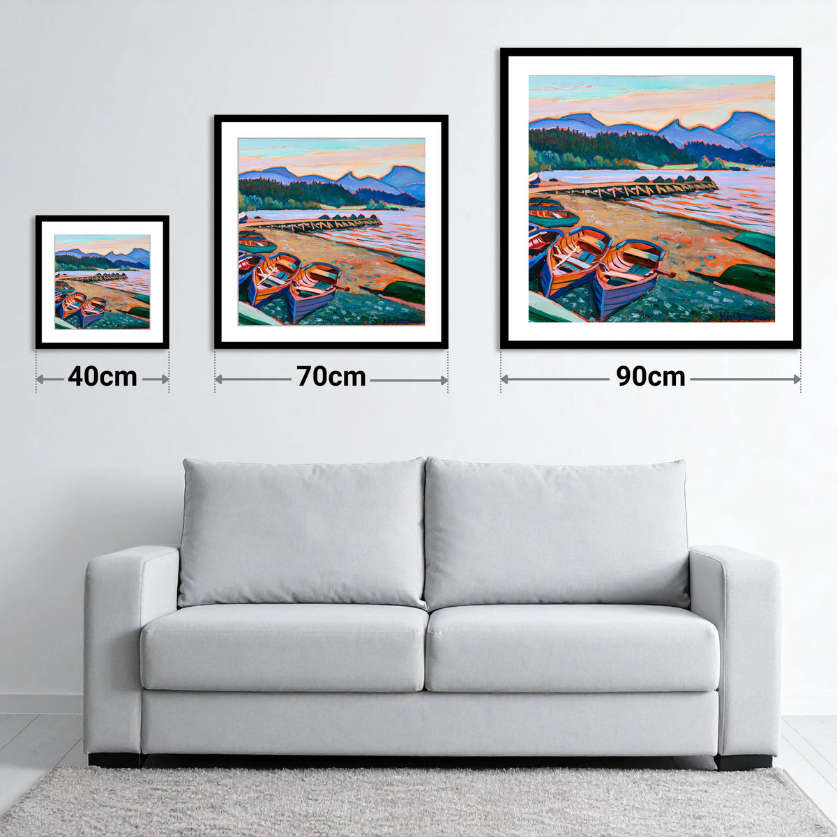 Colourful Windermere Rowing Boats - size guide showing 40cm, 70cm and 90cm art prints