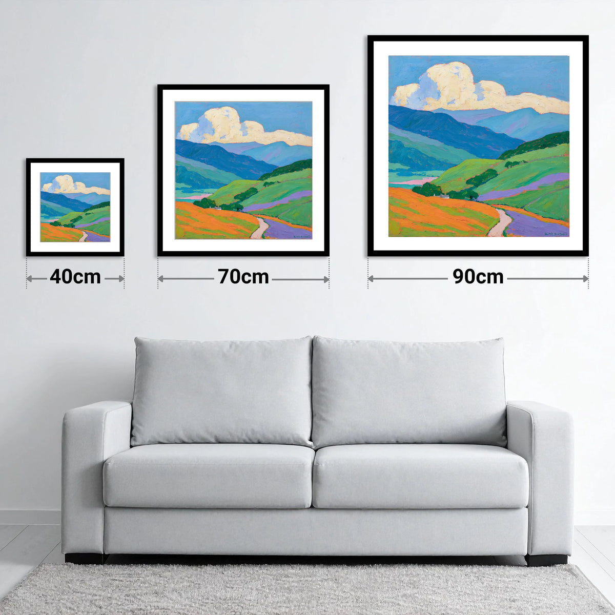 Vibrant Fells Under Cloud - size guide showing 40cm, 70cm and 90cm art prints
