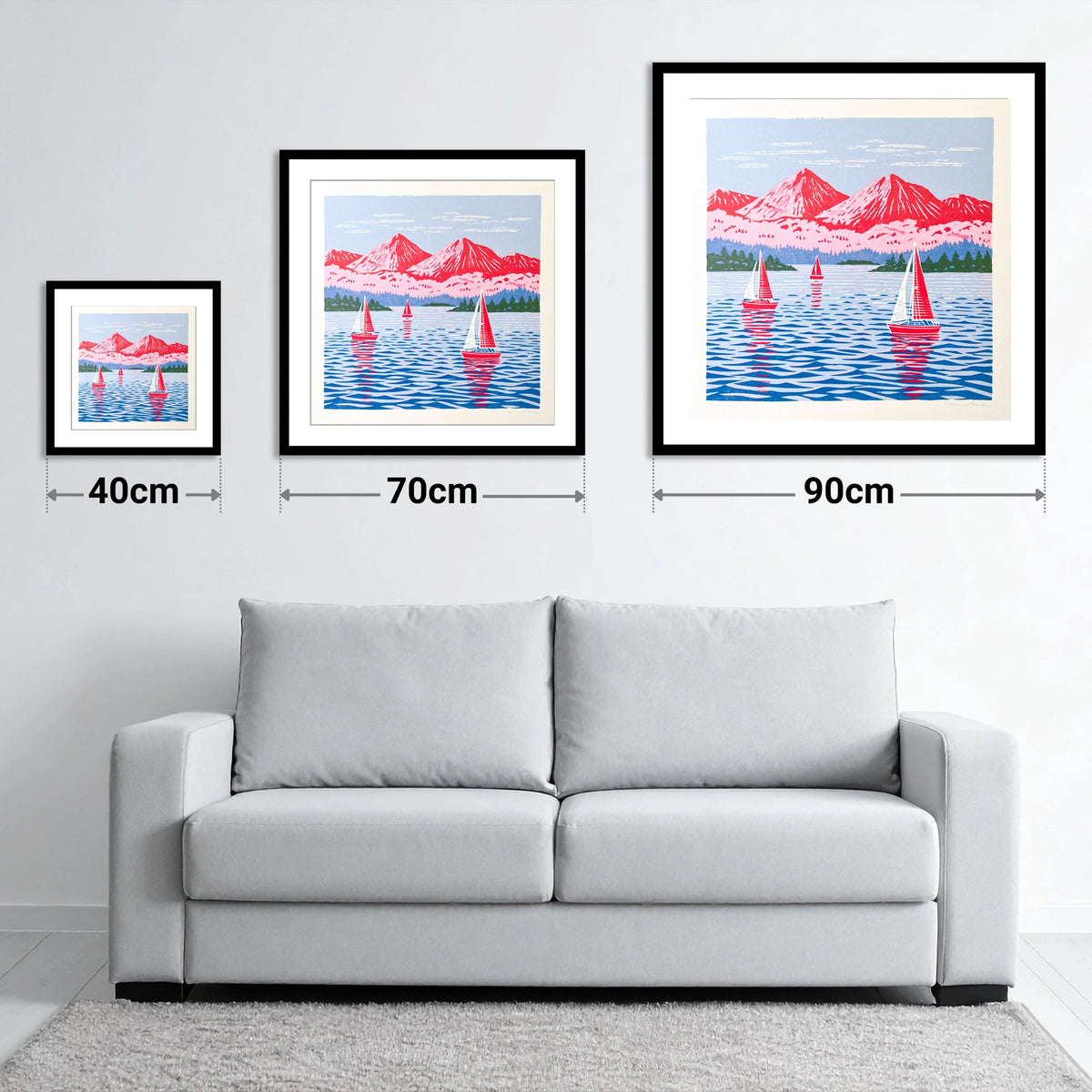 Windermere Sailboats Beneath Pink Fells - size guide showing 40cm, 70cm and 90cm art prints