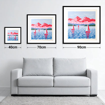 Windermere Sailboats Beneath Pink Fells - size guide showing 40cm, 70cm and 90cm art prints