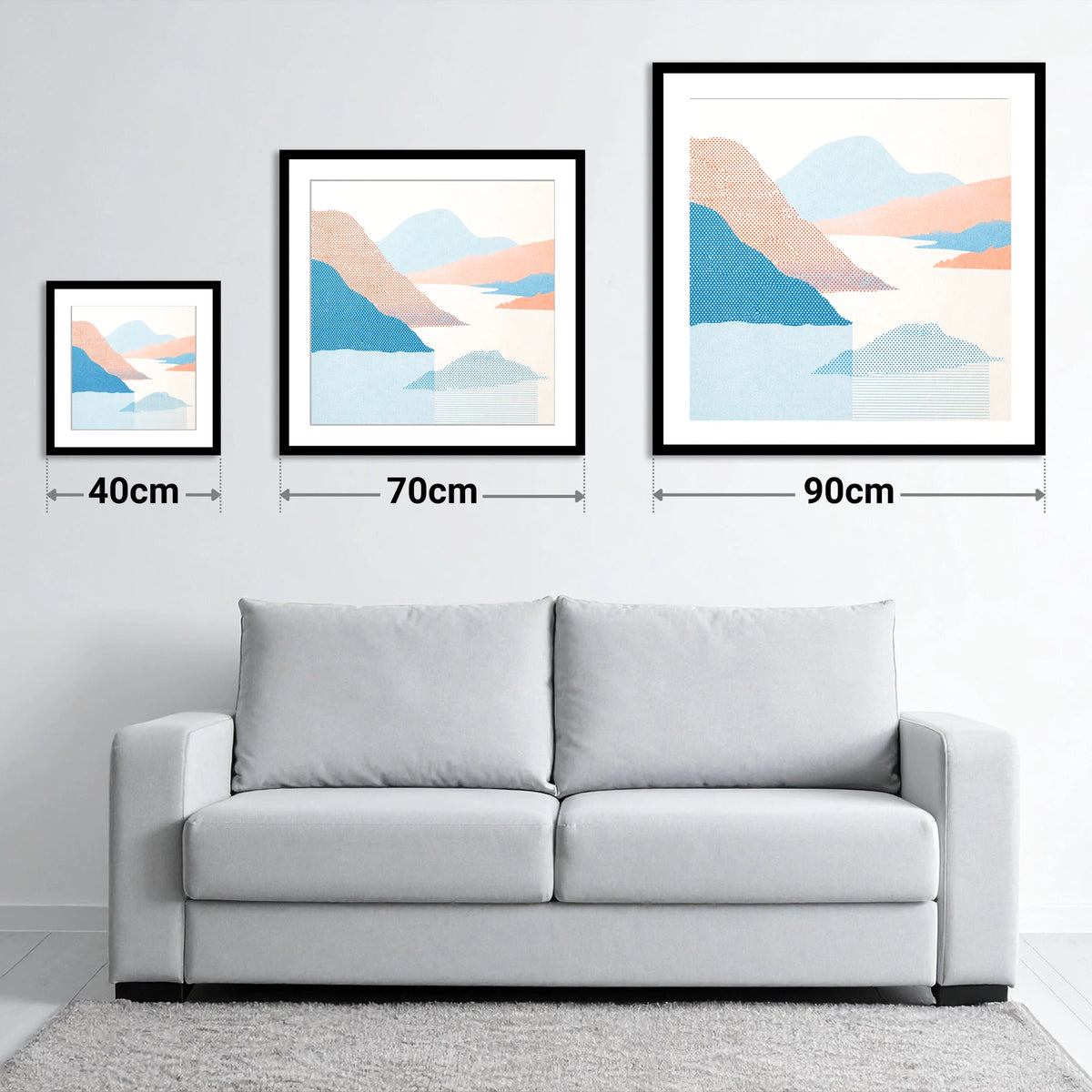 Ullswater Fells in Coral and Blue - size guide showing 40cm, 70cm and 90cm art prints