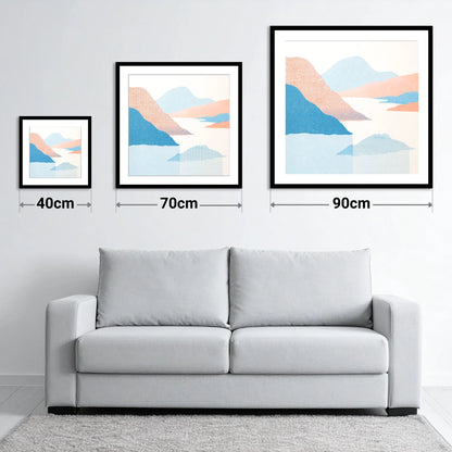 Ullswater Fells in Coral and Blue - size guide showing 40cm, 70cm and 90cm art prints
