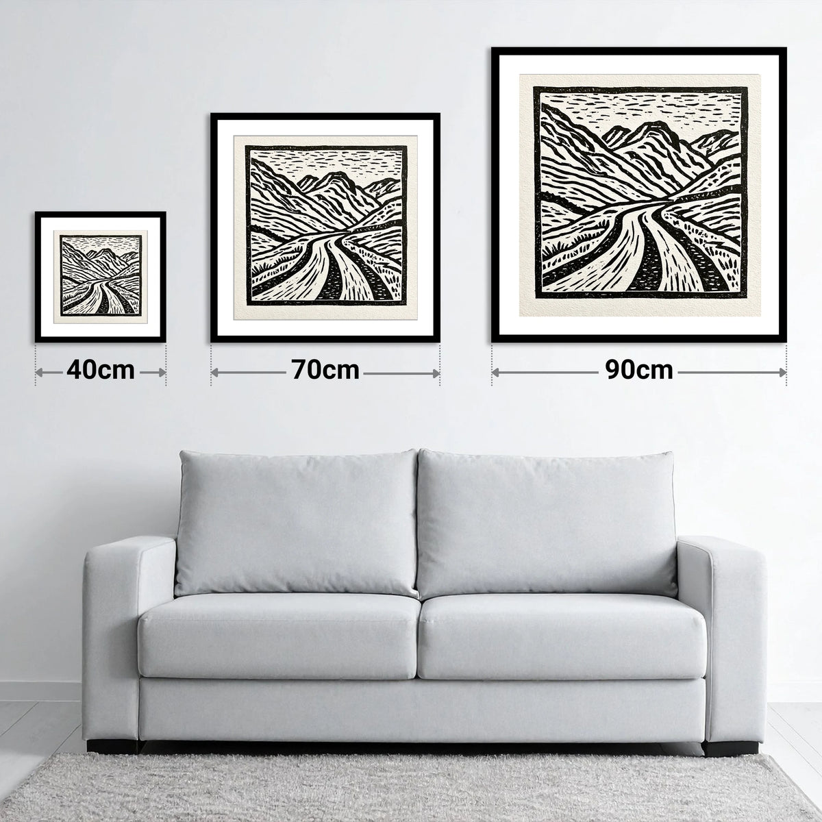Hardknott Pass in Stark Monochrome - size guide showing 40cm, 70cm and 90cm art prints
