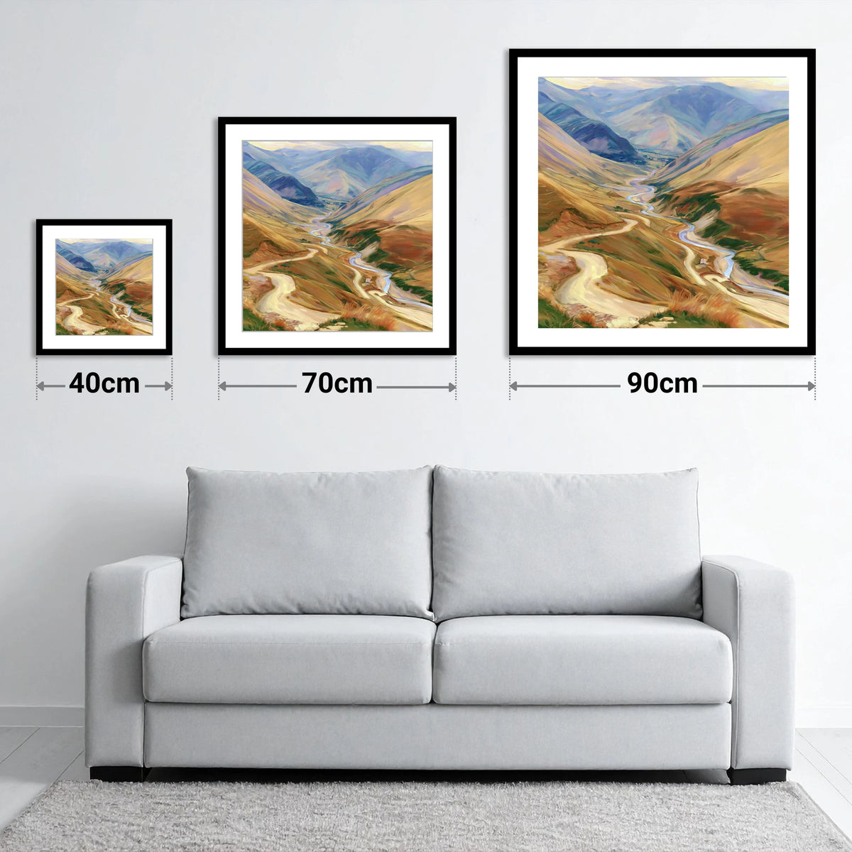 Winding Mountain Pass and Beck - size guide showing 40cm, 70cm and 90cm art prints