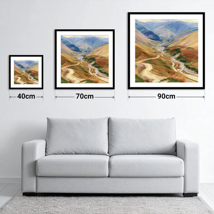 Winding Mountain Pass and Beck - size guide showing 40cm, 70cm and 90cm art prints