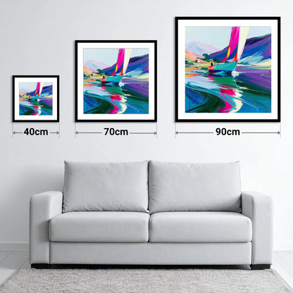 Bright Sails on a Breezy Lake - size guide showing 40cm, 70cm and 90cm art prints