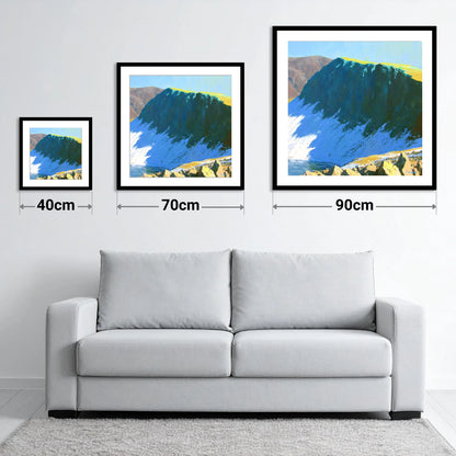 Winter Sunlight on Dow Crag - size guide showing 40cm, 70cm and 90cm art prints