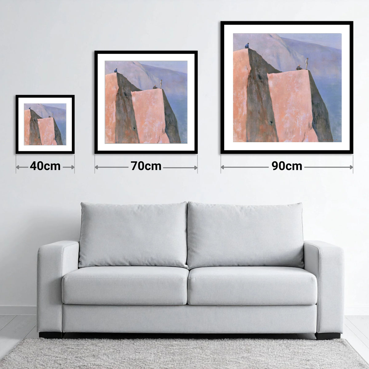 Climbers on a Pastel Crag - size guide showing 40cm, 70cm and 90cm art prints