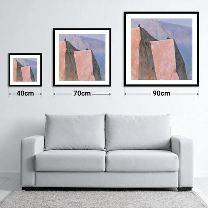 Climbers on a Pastel Crag - size guide showing 40cm, 70cm and 90cm art prints