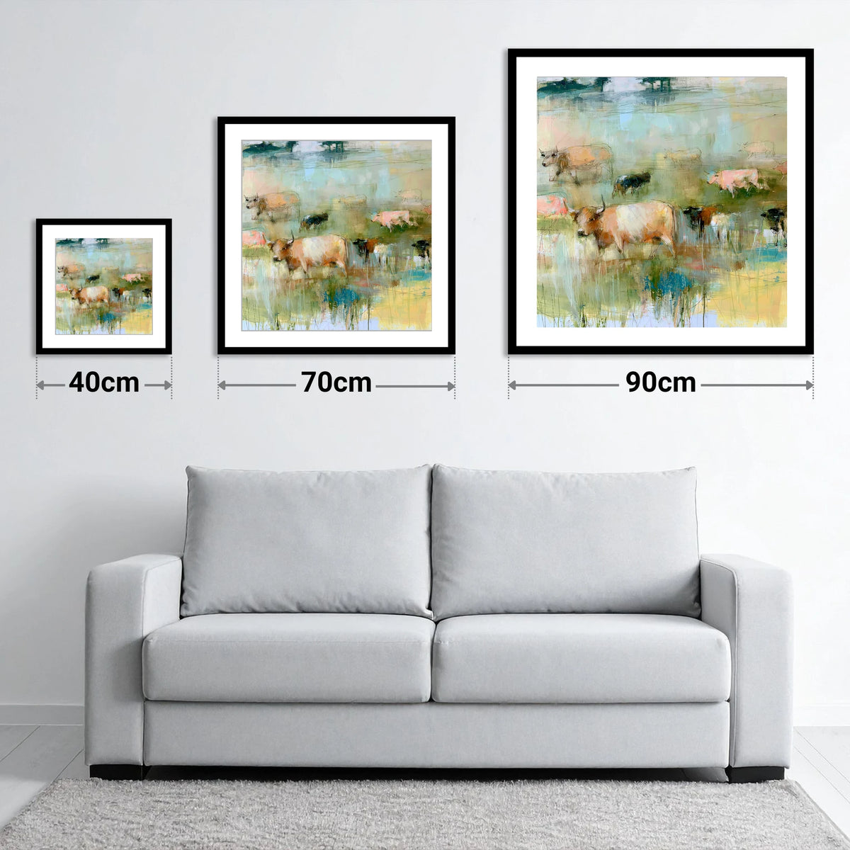 Highland Cattle in Pastel Washes - size guide showing 40cm, 70cm and 90cm art prints