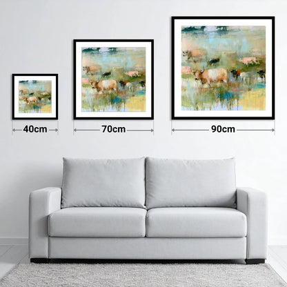 Highland Cattle in Pastel Washes - size guide showing 40cm, 70cm and 90cm art prints