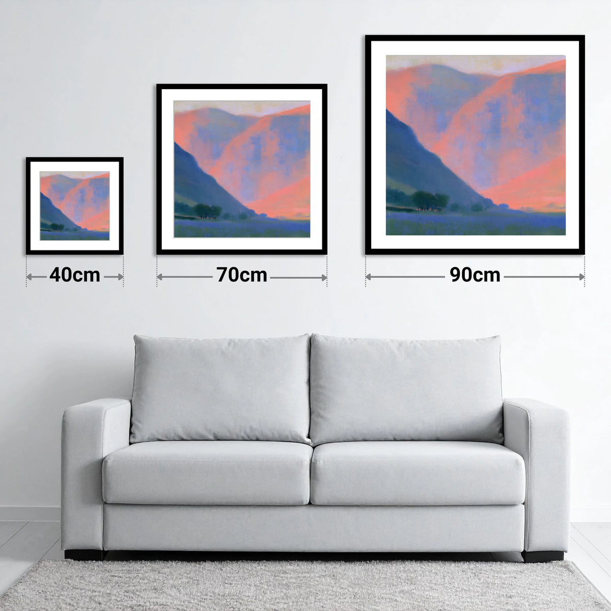 Pink Twilight Fell Valley - size guide showing 40cm, 70cm and 90cm art prints
