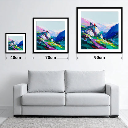 Climbers on a Vibrant Crag - size guide showing 40cm, 70cm and 90cm art prints